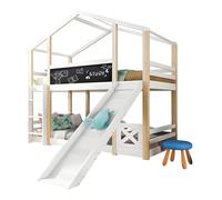 Cama Infantil Treehouse Con Tobogán Y Escalera De 90 X 200 Cm, Cama Alta Infantil Con Barandilla De Seguridad Y 2 Somieres, Litera Funcional De Madera Maciza - Natural Y Blanco
