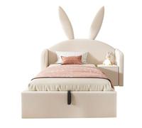 Cama juvenil 90x200 cm - con canapé hidráulico, mesita y diseño orejas de conejo, tapizado en terciopelo - beige
