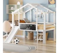 Cama juvenil de 90 x 200 cm, diseño abuhardillado con escalera y tobogán de seguridad, con tablero de grafiti, cama multifuncional, cama de madera maciza, cama individual, litera, color blanco