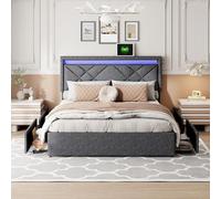 Cama LED de 140 x 200 con toma y 4 cajones grandes, marco de cama con somier de láminas y cabezal de somier ajustable, somier de 140 x 200 cm con almacenamiento, tejido de lino, moderno sin colchón