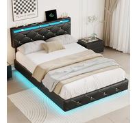 Cama LED de 2 personas, cama LED 160 x 200 con cabecera de cama ajustable Cama doble acolchada efecto de suspensión tela de poliuretano marco de cama acolchado adulto (C negro, 160 x 200 cm)