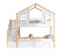 Cama litera 90x200+90x200 cm - madera maciza, cama infantil, cama casita, con led y escalera con almacenamiento, forma de ventana - blanco+natural