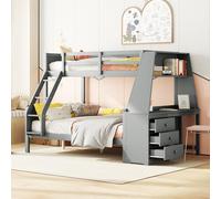 Cama litera cama alta 90x200cm con escritorio, estantería, 3 cajones, cama infantil con barandilla anticaída y 2 somieres y escalera 242x141x154 cm gris