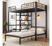 Cama litera con marco de hierro, con mesa y estantes, adecuada para niños y adolescentes, con escalera de cinco niveles, color negro, 90 x 200 cm