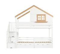 Cama litera infantil 90x200 - casa pequeña con ventana, escaleras con almacenamiento, espacio debajo del colchón - blanco+natural