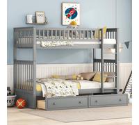 Cama litera para niños 90x200cm, Cama infantil alta con protección anticaída y cajones, Cama individual convertible, Estructura de cama con escalera y somier de láminas 205x95x160 cm gris
