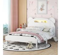Cama matrimonial compatible con niños, cama de plataforma de madera de tamaño matrimonial con cabecero en forma de oso y luces nocturnas activadas por movimiento, cama no necesita somier, fácil