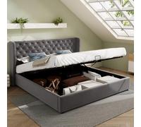Cama Matrimonio 140 x 190 Tapizada en Forma de Oreja, Con Espacio de Almacenamiento, Doble, de Terciopelo, Funcional Hidráulica Con Somier, Gris