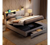 Cama Matrimonio Cama 140x200 cm con Carga USB y Cabecero LED,Camas Matrimoniales con Almacenamiento Hidráulico y 2 cajones,Cama Tapizada 140x200, Camas Juveniles Cama Doble con Somier,Sin Colchon