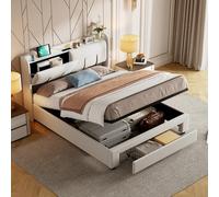 Cama Matrimonio Cama 160x200 cm con Carga USB y Cabecero LED,Camas Matrimoniales con Almacenamiento Hidráulico y 2 cajones,Cama Tapizada 160x200, Camas Juveniles Cama Doble con Somier,Sin Colchon