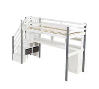 Cama media altura, cajón tela, almacenaje, escalera lateral, estante, escritorio, taquillas, pino+mdf, blanco+gris, 90x200cm