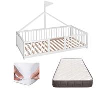Cama Montessori 140 × 70 cm de Madera de Haya, Incluye colchón Morfeo y Funda Impermeable, Modelo Apache Wonderland, Color Blanco CoolDreams