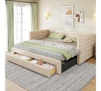 Cama Nido Tapizada 3-en-1 con Tejido de Algodón y Lino, Cama Nido Extensible con Cajones, Convertible en Cama Individual y Doble con Somier, para Dormitorio y Apartamento, Beige, 90 x 190 cm