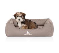 Cama ortopédica repelente al agua para perros Knuffelwuff Leon de terciopelo cosida a mano M-L, beige/gris