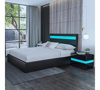 Cama otomana doble con luces LED, almacenamiento de elevación de gas, marco tapizado de piel sintética