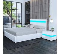 Cama otomana doble con luces LED, almacenamiento de elevación de gas, marco tapizado de piel sintética