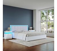 Cama otomana doble con luces LED, tapicería de piel sintética, mecanismo de elevación final y almacenamiento debajo de la cama, muebles de dormitorio elegantes,