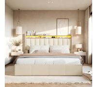 Cama para 2 personas, cama doble acolchada de 140 x 200 cm con iluminación LED y USB, camas hidráulicas con somier de madera y marco de camas con almacenamiento, terciopelo (beige, 140 x 200 cm)