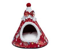 Cama para Gatos Árbol de Navidad Caseta para Gato Cerrada con Lazo Decorativo y Cojín Extraíbles Casa Navideña para Gatos de Interior y Perros Pequeños(Red 3,Small)