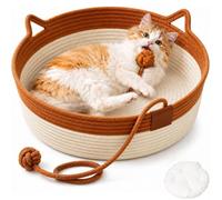 Cama para Gatos, Cesta Tejida a Mano, cestas de Juguete para Gatos de Interior, Nido Redondo de Cuerda de algodón Tejida con Bola de burla integrada