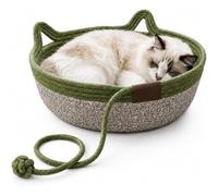 Cama para Gatos, Cesta Tejida a Mano, cestas de Juguete para Gatos de Interior, Nido Redondo de Cuerda de algodón Tejida con Bola de burla integrada