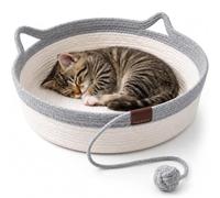 Cama para Gatos, Cesta Tejida a Mano, cestas de Juguete para Gatos de Interior, Nido Redondo de Cuerda de algodón Tejida con Bola de burla integrada