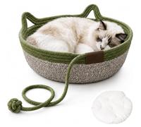 Cama para Gatos, Cesta Tejida a Mano, cestas de Juguete para Gatos de Interior, Nido Redondo de Cuerda de algodón Tejida con Bola de burla integrada