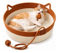 Cama para Gatos, Cesta Tejida a Mano, cestas de Juguete para Gatos de Interior, Nido Redondo de Cuerda de algodón Tejida con Bola de burla integrada