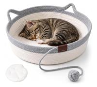Cama para Gatos, Cesta Tejida a Mano, cestas de Juguete para Gatos de Interior, Nido Redondo de Cuerda de algodón Tejida con Bola de burla integrada