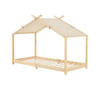 [en.casa] Cama para Niños con Techo de Textil Desmontable Cama Infantil Individual con Somier Estructura en Forma de Casa Estilo Montessori 90 x 200 cm Madera Pino - Natural y Beige