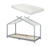 Cama para niños brome forma casita con colchón y techo pino 90x200cm - gris y blanco [en.casa]