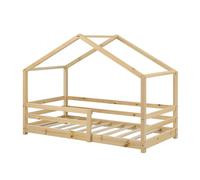 [en.casa] Cama para Niños Knätten Decorativa Cama Infantil con Somier y Reja de Seguridad Estructura en Forma de Casa Estilo Montessori Madera de Pino 90 x 200 cm Natural