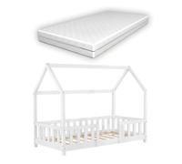 Cama para niños sisimiut forma de casa pino con colchón 80x160 cm blanco mate [en.casa][neu.haus]