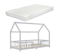 [en.casa] Cama para Niños de Madera Pino Sisimiut con Colchón Espuma Fría 90 x 200 cm Cama Infantil con Reja Protectora Somier Forma de Casita - Gris Claro/Blanco