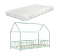Cama para niños sisimiut forma de casa pino con colchón 90x200 cm menta verde blanco [en.casa][neu.haus]
