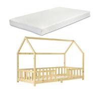 Cama para niños sisimiut forma de casa pino con colchón 90x200 cm natural [en.casa][neu.haus]