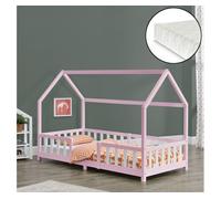 Cama para niños sisimiut forma de casa pino con colchón 90x200 cm rosa blanco [en.casa][neu.haus]
