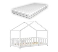 Cama para niños treviolo forma de casa pino con colchón 80x160 cm blanco mate [en.casa][neu.haus]