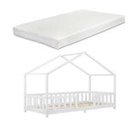 Cama para niños treviolo forma de casa pino con colchón 90x200 cm blanco mate [en.casa][neu.haus]
