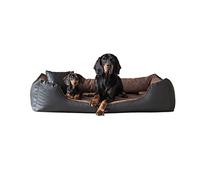 Cama para perros Eden de piel ecológica + tela Alcántara ortopédica L-XXXL 7 colores alivia el dolor, resistente a la abrasión, rectangular (XXL, negro-marrón)