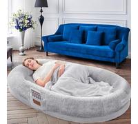 Cama para perros humanos para adultos, 180 × 122 × 25 cm, gigante cama puf con manta, lavable de piel sintética Nap cama ovalada, espuma viscoelástica grande extraíble para perros humanos gris
