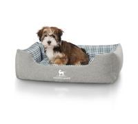 Cama para perros Knuffelwuff Lennard de terciopelo con estampado de cuadros M-L, 85 x 63 cm, gris/verde
