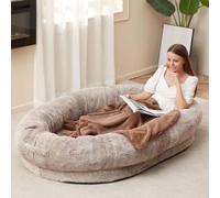 Cama para perros mullida,Cama tipo puf para perro humano,Cama para perros tipo puf gigante con manta,Cama lavable para perros humanos de piel sintética para mascotas La g(Size:135*85*30cm,Color:Caqui)