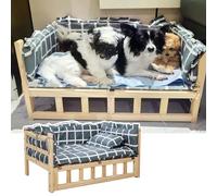 Cama Perro Camas Elevadas para Perros con Estructura de Madera y Almohada de Apoyo, Cama Elevada para Mascotas con Laterales para Coche, Cunas Elevadas Lavables para Perros(S-54x39x38cm/21x15x15")
