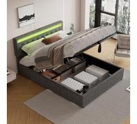 Cama plana, cama acolchada, luz ambiental junto a la cama, control remoto de 24 teclas, cama se puede subir y bajar, USB y enchufe tipo C en la cama, gran espacio de almacenamiento (gris, 160 x 200