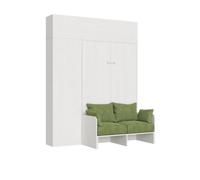 Cama plegable Kentaro de 120 cm tamaño queen con sofá y muebles en blanco, fresno y verde.