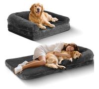 Cama plegable para perros humanos, cama ortopédica de espuma viscoelástica para perros, tamaño humano calmante 2 en 1 con alfombrilla de apoyo de espuma de huevo y forro impermeable, bolsillo de