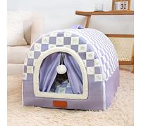 Cama portátil para perros con asa, cama cálida para mascotas, antiansiedad, tienda de campaña con cojín extraíble, iglú para gatos con parte inferior antideslizante (78 x 56 x 52 cm, morado)