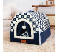 Cama portátil para perros con asa, cama cálida para mascotas, antiansiedad, tienda de campaña con cojín extraíble, iglú para gatos con parte inferior antideslizante (78 x 56 x 52 cm, azul oscuro)