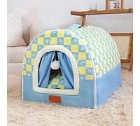 Cama portátil para perros con asa, cama cálida para mascotas, antiansiedad, tienda de campaña con cojín extraíble, iglú para gatos con parte inferior antideslizante (78 x 56 x 52 cm, azul claro)